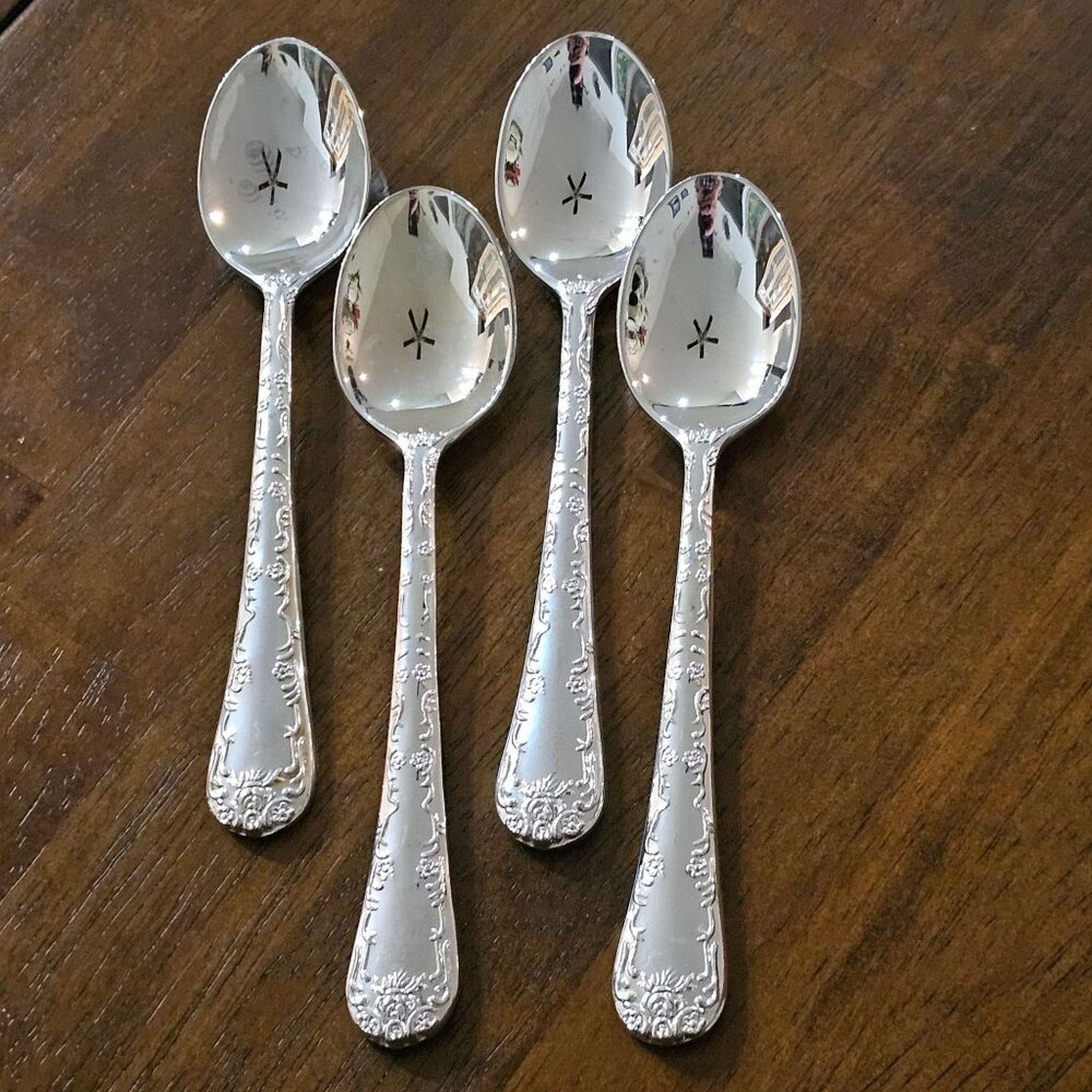 4 Williams Rogers Enchanted Rose Teaspoon 6" spoon floral embossed maximalism